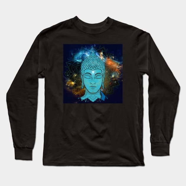 Buddha in the Galaxy Blue Face (background) Long Sleeve T-Shirt by MandalaSoul